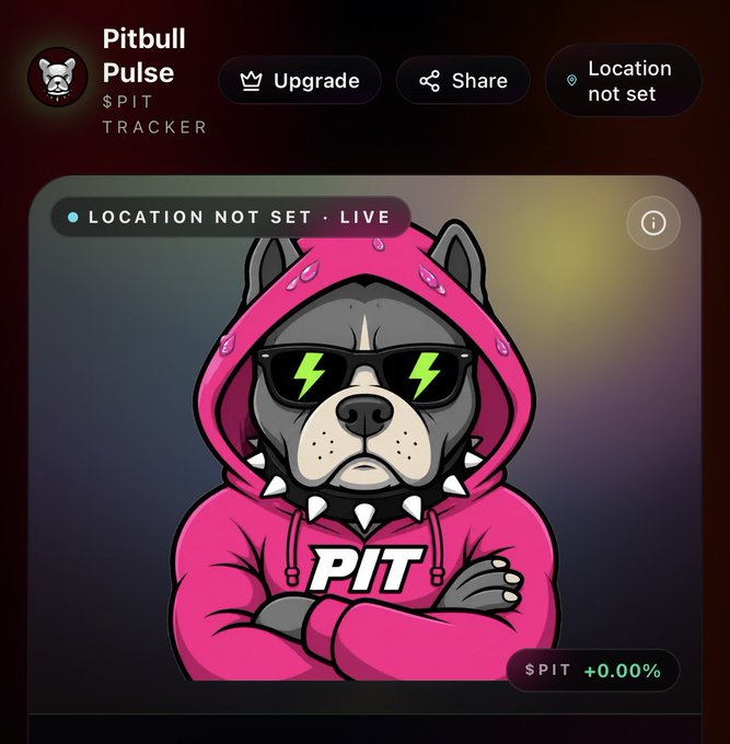 A digital dashboard for "Pitbull Pulse ($PIT)" Tracker featuring a cartoon pitbull mascot in a pink hoodie with spiked collar and lightning-bolt sunglasses, displaying "LOCATION NOT SET · LIVE" and "$PIT +0.00%" stats—teasing the upcoming launch of the $PIT token tracker.