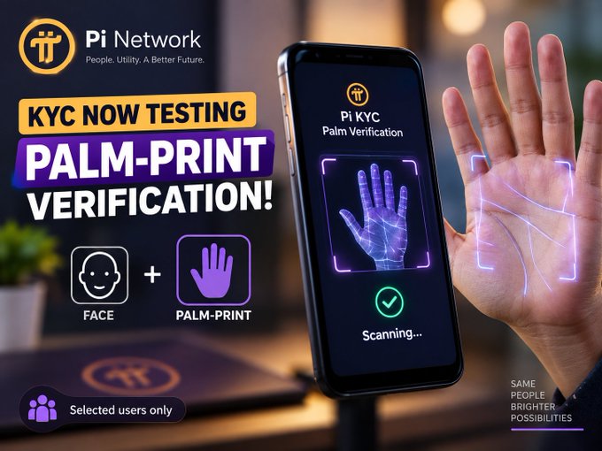 A promotional image for Pi Network announcing "KYC NOW TESTING PALM-PRINT VERIFICATION" with visuals of face and palm-print scanning icons, and a smartphone showing a palm scanning interface.