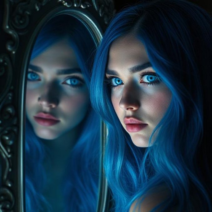 A digital portrait of a girl with long blue hair looking into an ornate mirror, showing her reflection with bright blue eyes.