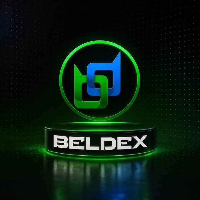 A glowing green and blue circular logo with interlocking shapes sits above the text 'BELDEX' on a dark, dotted background, presented on a circular platform with neon green accents.
