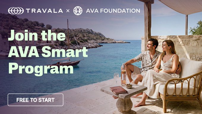 A promotional banner from Travala and AVA Foundation reads "Join the AVA Smart Program" with a "FREE TO START" button, set against a scenic Mediterranean backdrop of a couple relaxing on a waterfront terrace. The image visually reinforces the post's message of unlocking travel perks and crypto rewards, showcasing an aspirational luxury getaway achievable through the AVA Smart Program.