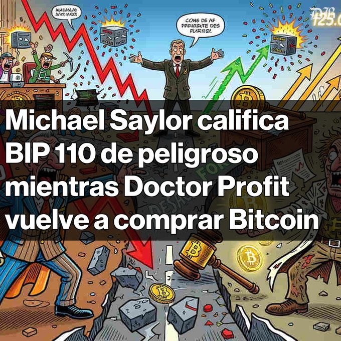 A Spanish-language Bitcoin news graphic with the headline 'Michael Saylor califica BIP 110 de peligroso mientras Doctor Profit vuelve a comprar Bitcoin', illustrated with a cartoon scene of a panicked figure amid falling red price arrows and rising green arrows.