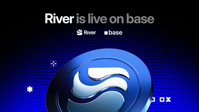 A promotional graphic with the text 'River is live on base' showing a blue coin or emblem with the River logo.