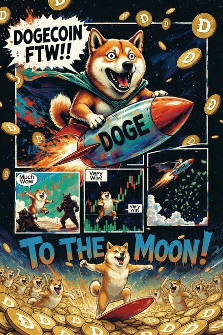 A comic-book style illustration promoting Dogecoin with the text 'DOGECOIN FTW!!' and 'TO THE MOON!', showing the Shiba Inu mascot riding a rocket labeled 'DOGE' amid flying Dogecoin tokens.