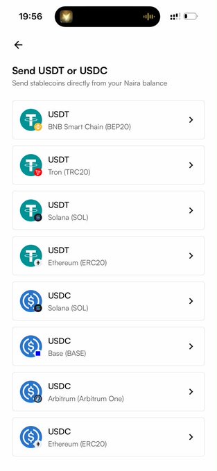 A screenshot of the Send USDT or USDC feature showing options to send stablecoins (USDT/USDC) across multiple networks including BNB Smart Chain (BEP20), Tron (TRC20), Solana, Ethereum (ERC20), Base, and Arbitrum directly from a Naira balance. This illustrates the Spenda app's Naira-to-stablecoin conversion capability promoted in the post.
