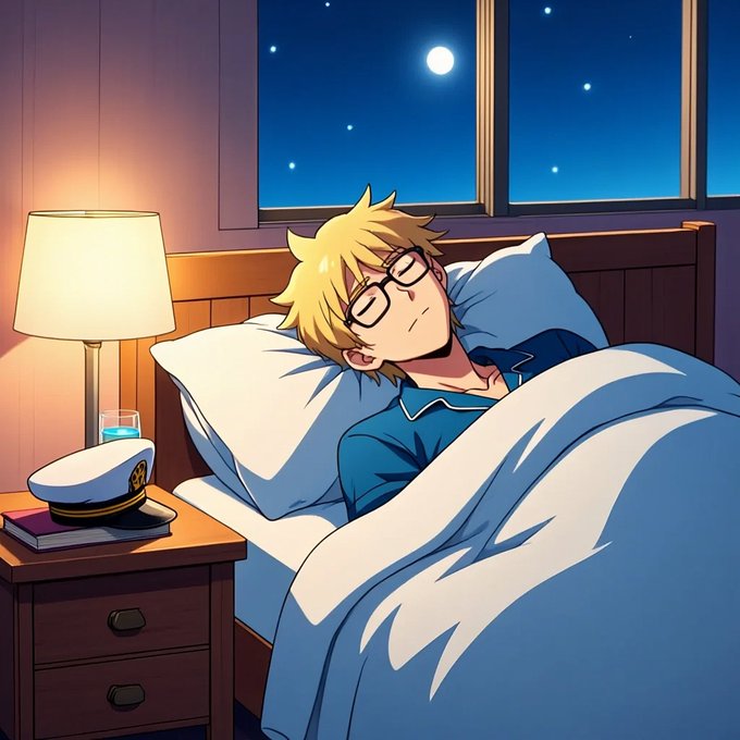 An anime-style illustration of a blond young man wearing glasses and blue pajamas, sleeping peacefully in bed at night under a starry sky visible through the window, with a captain's hat on the nightstand.