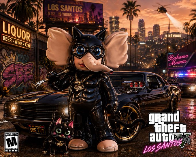 A parody game cover resembling Grand Theft Auto: San Andreas, featuring a character in a black cat and elephant suit labeled "SBE" holding a gun in Los Santos, rated M for Mature.