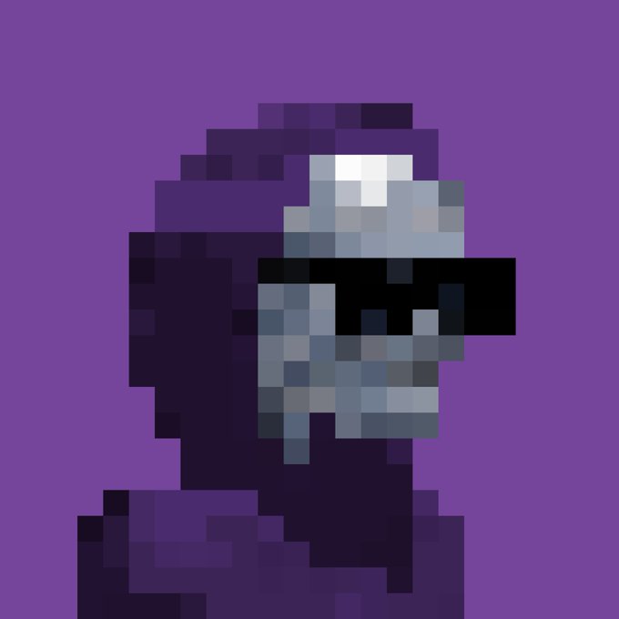 A pixel art portrait of a figure wearing dark sunglasses and a purple hood or garment against a solid purple background.