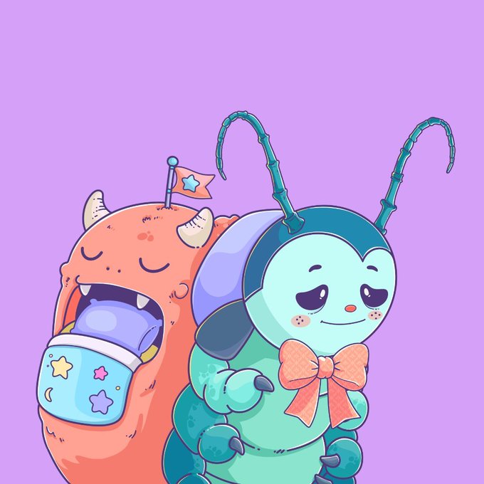 A cute cartoon illustration of a teal bug-like character with antennae and a pink bow tie standing in front of an orange monster carrying a sleeping baby on its back, against a purple background.