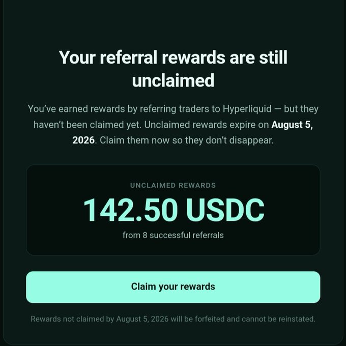 A dark-themed digital notification titled 'Your referral rewards are still unclaimed' showing '142.50 USDC from 8 successful referrals' from Hyperliquid, with a 'Claim your rewards' button and an expiration date of August 5, 2026.