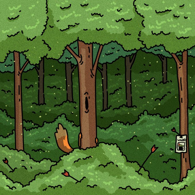 A cartoon illustration shows a forest scene where a tree trunk has an annoyed-looking face with the @OctoLaunch_ mascot peeking out from behind it, while a "WANTED" poster bearing its image is nailed to a nearby tree, with arrows scattered in the underbrush—fittingly conveying the hide-and-seek mystery teased in the post about an upcoming token launch reveal.