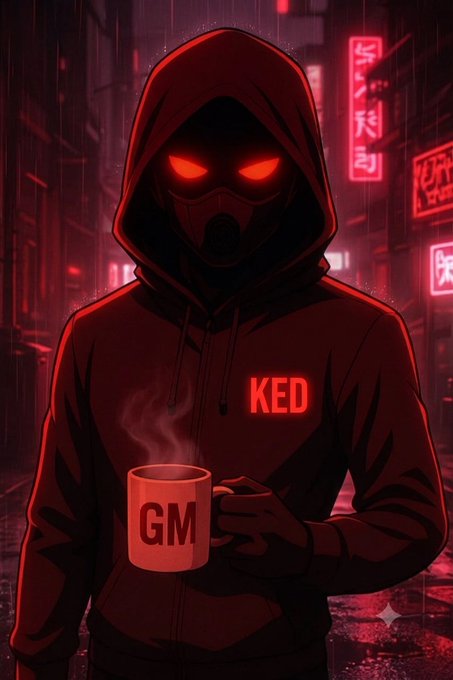 A dark, stylized illustration of a hooded figure with glowing red eyes and a mask, wearing a hoodie labeled "KED" and holding a red "GM" mug in a neon-lit city setting.