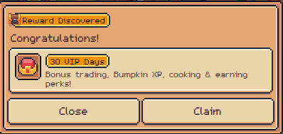 A pixel-art game popup showing a 'Reward Discovered!' message with 'Congratulations!' and a bonus of '30 UTP Days' for trading, Bumpkin XP, cooking, and earning perks, with Close and Claim buttons.