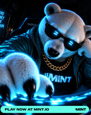 A stylized polar bear wearing sunglasses and a gold chain leans over a futuristic blue-lit keyboard, sporting a "MINT" shirt, with the ad reading "PLAY NOW AT MINT.IO" at the bottom. The image ties into the post by showcasing the cool, edgy mascot for PlayOnMint's MintABear NFT collection, which is tied to wagering activity on the MINT ecosystem.