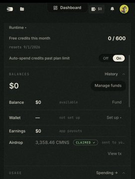 A dashboard screenshot shows a CryptoMicroStrategy (CMNS) wallet with a $0 balance, $0 wallet setup, and 3,358.46 CMNS tokens claimed from an airdrop, despite 9/1/2026 resets and 0/600 free credits used. The image illustrates the user's frustration, showing minimal earnings ("pennies") after significant effort, aligning with their complaint about wasting time for low rewards.