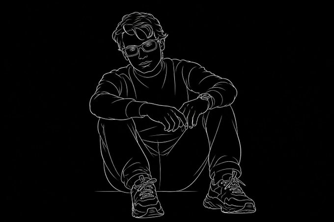 A black and white line drawing of a person wearing sunglasses, a long-sleeved shirt, and sneakers, sitting in a crouched pose on a black background.