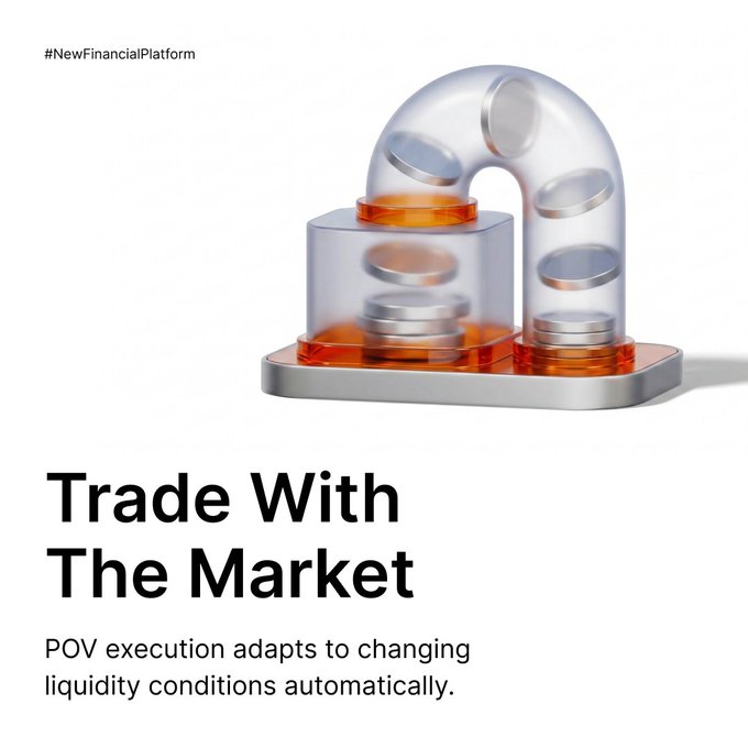The image features a 3D rendering of a trading platform that allows users to trade cryptocurrency, specifically Bitcoin, with the market. The platform has two large glass jars filled with coins, which are connected by an orange pipe. The text on the image reads "Trade With the Market" and "POV execution adapts to changing market liquidity automatically". This suggests that the platform is designed for traders who want to execute trades at scale while maintaining a high level of precision and minimizing disruptions due to changes in market conditions.