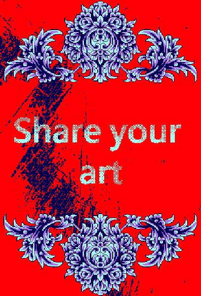 A graphic design features the text "Share your art" in a distressed white font on a red background, decorated with purple and blue ornamental floral patterns at the top and bottom.
