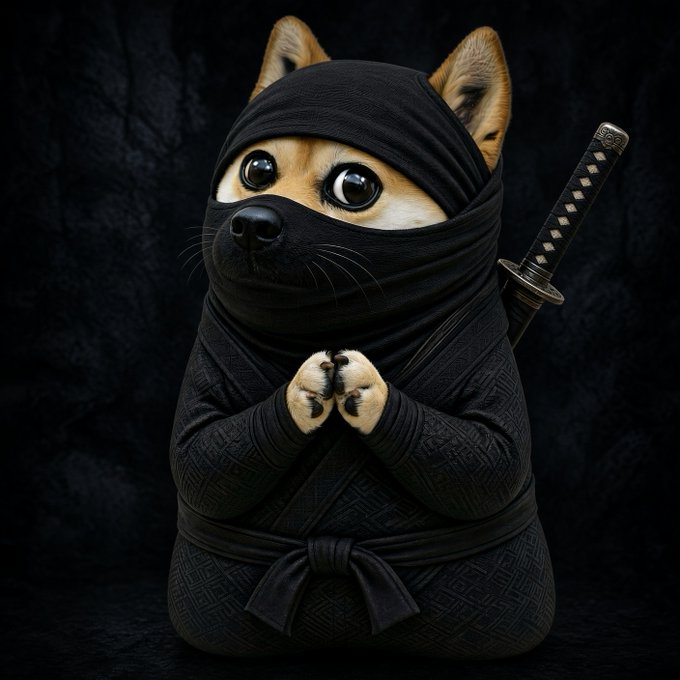 A Shiba Inu dog is dressed as a ninja in black robes, holding its paws together with a katana sword on its back.