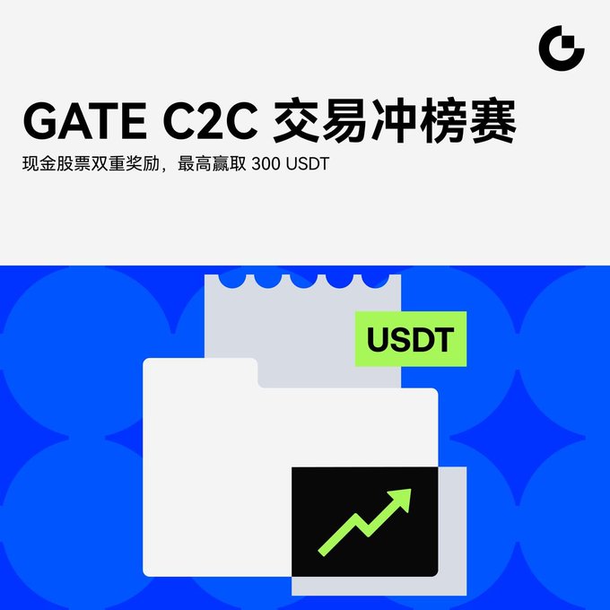 A promotional graphic for a GATE C2C trading competition advertises a prize pool of up to 300 USDT in cash and stock.