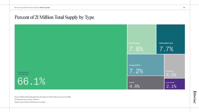 The image is a treemap titled "Percent of 21 Million Total Supply by Type" showing Bitcoin ownership distribution: Individuals 66.1%, Businesses 7.8%, Estimated Lost 7.7%, Funds/ETFs 7.2%, Treasuries 4.6%, Satoshi 4.6%, and Governments 2.1%, sourced from Bitwise Asset Management's "Bitcoin Market Review Q2 2026" report.