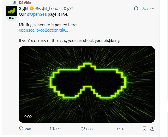 A social media post from "Sight" (@sight_hood) announcing "Our @OpenSea page is live" with a neon green pixelated fish/shark image.