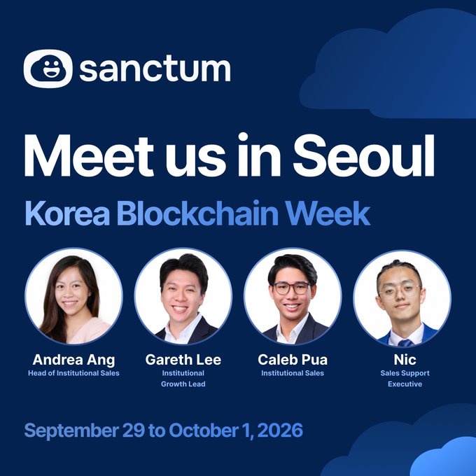 A promotional graphic for 'sanctum' reads 'Meet us in Seoul, Korea Blockchain Week' featuring headshots of Andrea Ang, Gareth Lee, Caleb Pua, and Nic, dated September 29 to October 1, 2026.