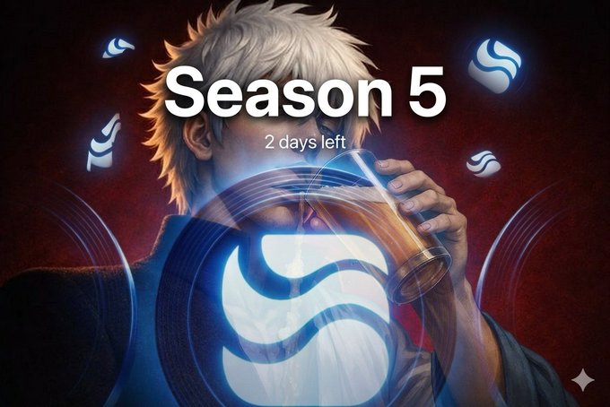 A countdown graphic featuring an anime-style character drinking from a cup, with bold text reading "Season 5 — 2 days left" and surrounded by glowing blue droplet logos. The imagery aligns with the post's message about the final two days remaining before River Season 5 settles on June 30, reinforcing the urgency to farm, claim, and stake before the deadline.