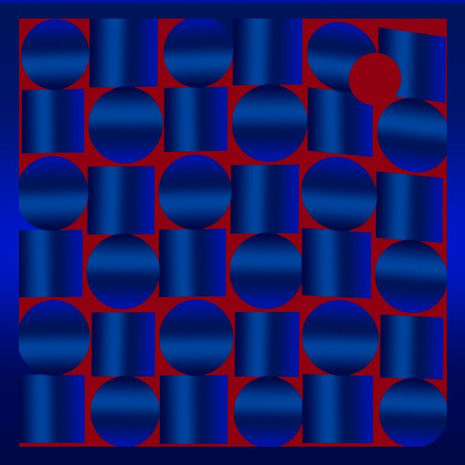 A bold optical art composition featuring a grid of glossy blue circles and squares arranged against a deep red background, with one circle in the upper right replaced by a red void that matches the background. The repetitive geometric pattern and the single missing element evoke themes of absence or emptiness, visually echoing the abbreviation "Gn."