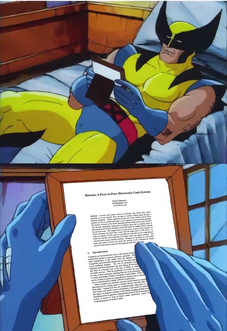A comic book panel showing Wolverine reading a book titled 'Bitcoin: A Peer-to-Peer Electronic Cash System', followed by a close-up of the framed Bitcoin whitepaper.