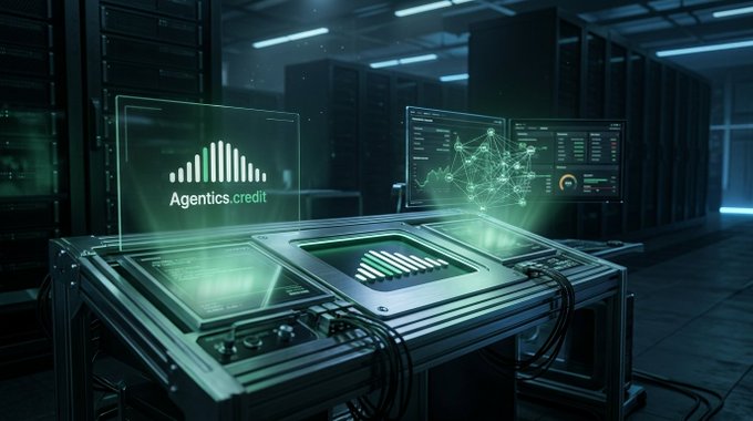 A futuristic data center setup with holographic displays showing 'Agentics.credit' branding alongside audio waveform graphics and network visualization charts.
