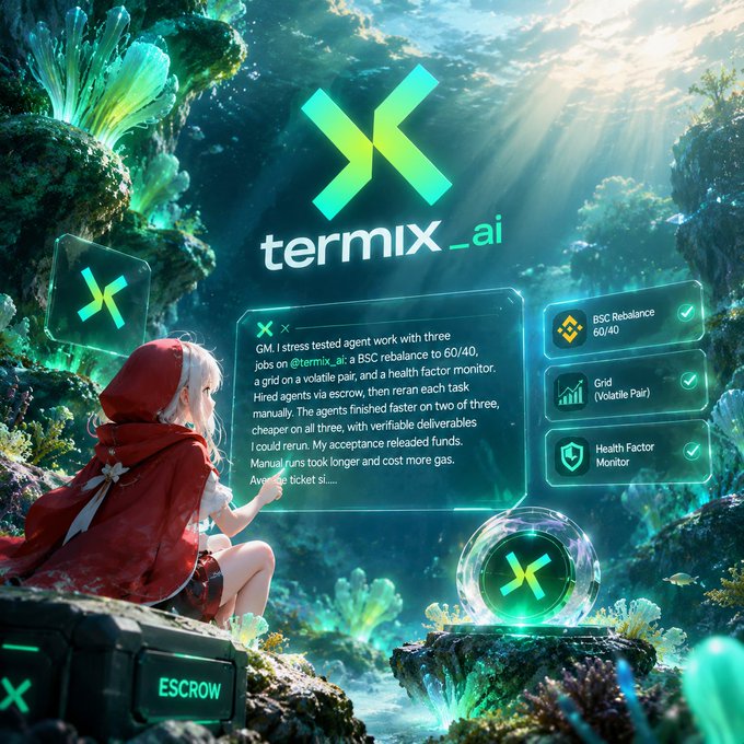 Promotional artwork for 'termix_ai' featuring an anime-style character in a red hood underwater viewing a holographic interface, with feature highlights including 'BSC Rebalance 60/40,' 'Grid (Volatile Pair),' and 'Health Factor Monitor.'