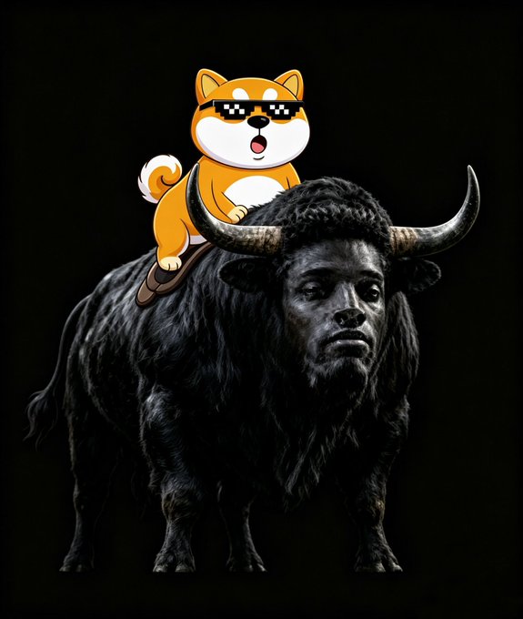 A digital artwork featuring a cartoon orange dog wearing 'deal with it' sunglasses riding on the back of a large black bull with prominent horns against a dark background.