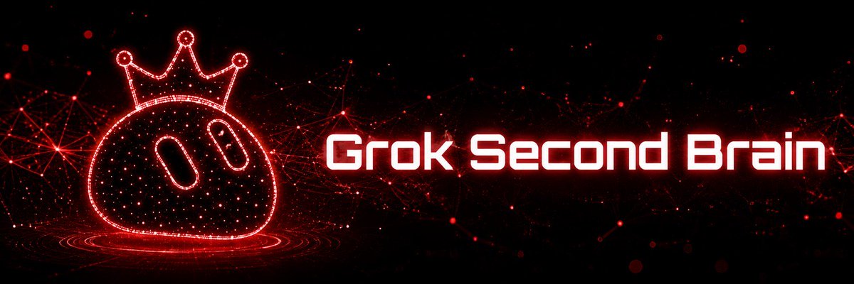 A glowing red digital graphic features a crown-topped smiley face logo alongside the text "Grok Second Brain," set against a dark background with a network of red light points and connecting lines, fitting the post's theme of a powerful crypto promotion.