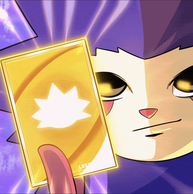 An anime-style illustration features a cat-like character with glowing yellow eyes holding up a glowing gold card with a white starburst symbol on it.