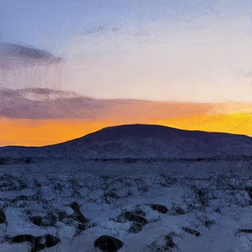 A snowy landscape at sunset with a silhouetted mountain under an orange and blue sky.