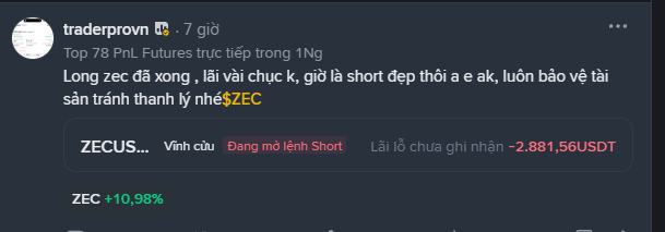 A Vietnamese social media post by 'traderprovn' from 7 days ago discussing trading 'Top 78 PnL Futures' mentioning $ZEC, showing a short position with a -2,881.56 USDT unrealized loss and ZEC +10.98% gain.