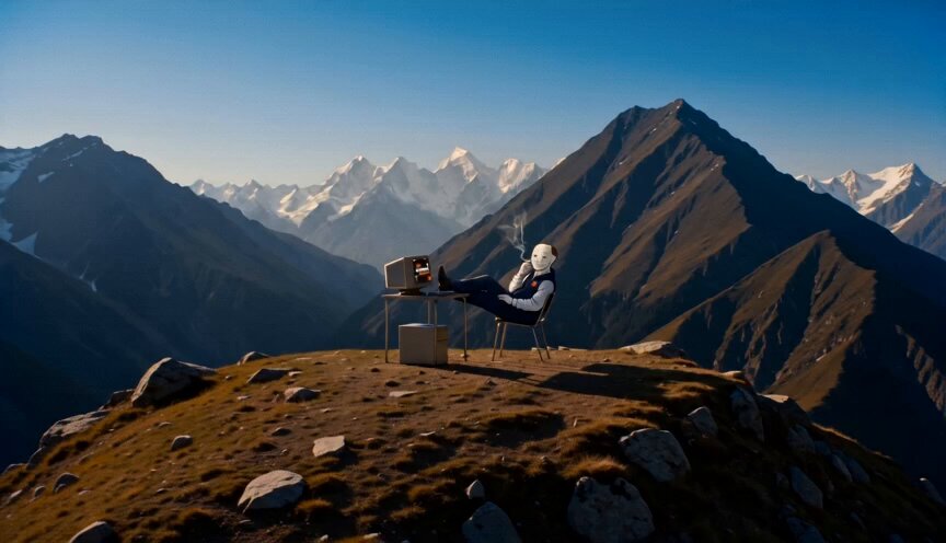 The image shows a person sitting at a desk with a computer, possibly working or browsing the internet. They are wearing a white shirt and a blue vest. The setting appears to be a mountainous area, as there are mountains visible in the background. The photo is taken from an aerial perspective, providing a unique view of the scene below. The caption reads "3 days until the next phase begins for $FIRE". This phrase suggests that the person might be working on a project or task related to firefighting, possibly preparing for a mission or training exercise in the mountains.