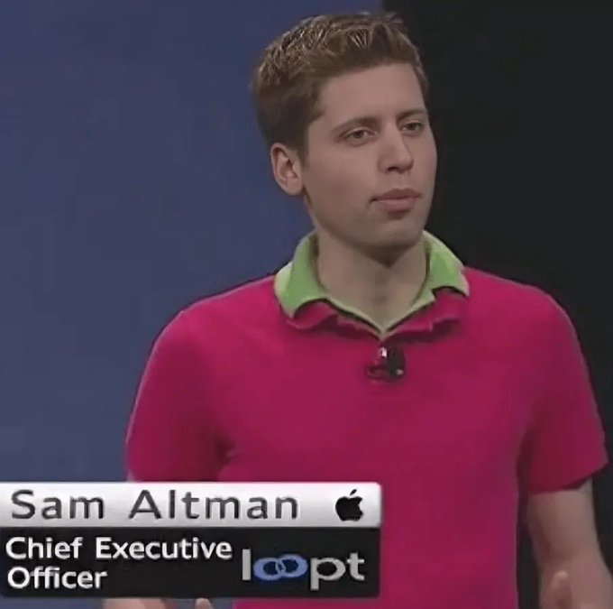 A photo of Sam Altman wearing a pink polo shirt, identified by the text overlay as the Chief Executive Officer, with Apple and loopt logos visible.