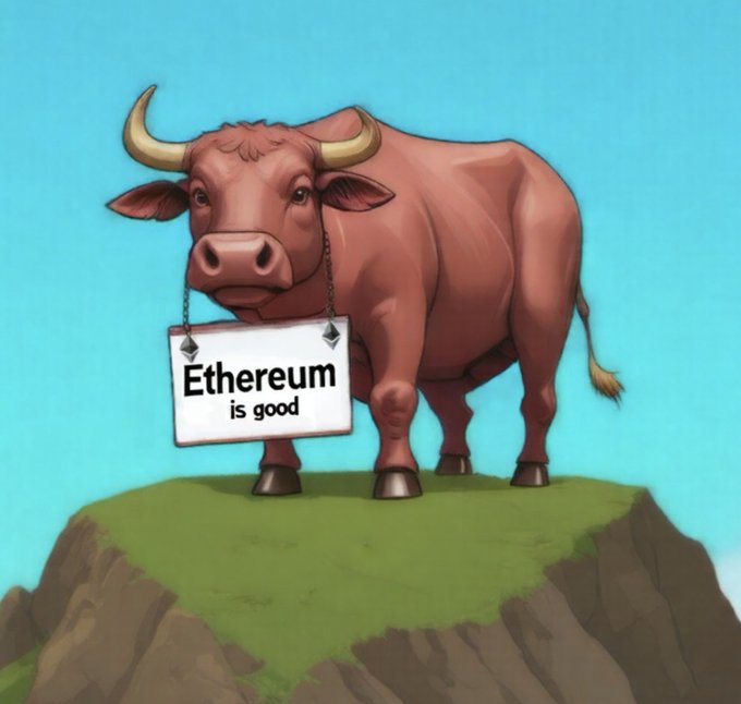urn of gold sits atop a green hill, with a red bull holding a white sign reading "ETHEREUM IS GOOD" against a clear blue sky.