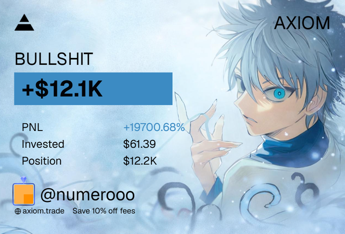 The image shows a promotional graphic for Axiom.trade featuring an anime-style character with white hair and blue eyes, highlighting a trade titled "BULLSHIT" that turned $61.39 into +$12.1K (+19,700.68% PNL), credited to user @numer0oo with a "Save 10% off fees" offer—directly illustrating the post's "$61 > 12.1k only in crypto" claim about massive returns from a small initial investment.