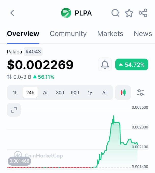 A CoinMarketCap mobile screenshot of token PLPA (Palapa, #4043) priced at $0.002269, up 54.72% in 24h, showing a 24h price chart with a recent sharp spike.