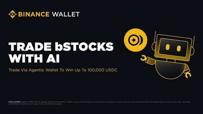 The image is a Binance promotional banner featuring a yellow robot mascot alongside text that reads "BINANCE WALLET — TRADE bSTOCKS WITH AI: Trade Via Agentic Wallet To Win Up To 100,000 USDC." The accompanying post in Arabic announces a new Binance competition for trading bStocks via the Binance Agentic Wallet, using AI-powered market insights from CoinMarketCap and BNB Chain Agent Studio, with a prize pool of up to 100,000 USDC.