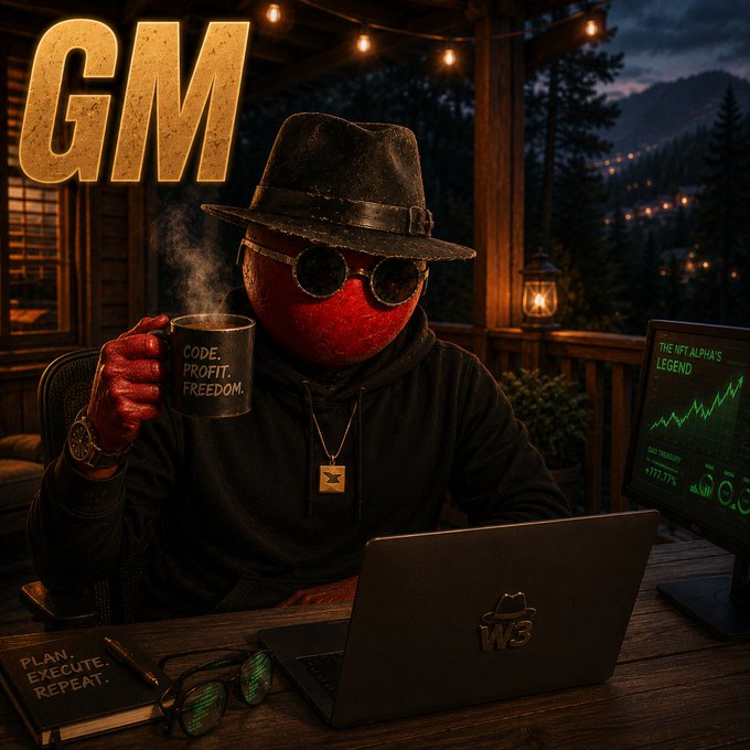 A red-masked figure wearing a fedora and round sunglasses holds a steaming mug labeled "CODE. PROFIT. FREEDOM." while working at a laptop emblazoned with "WS" and a monitor displaying "THE NFT ALPHA'S LEGEND," with "PLAN. EXECUTE. REPEAT." visible on a notebook below—a stylish, anonymous Web3 trader's lair embodying the bullish "gm web3" spirit.