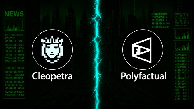 Digital graphic comparing 'Cleopatra' and 'Polyfactual' logos against a green binary code background with a lightning bolt separator.