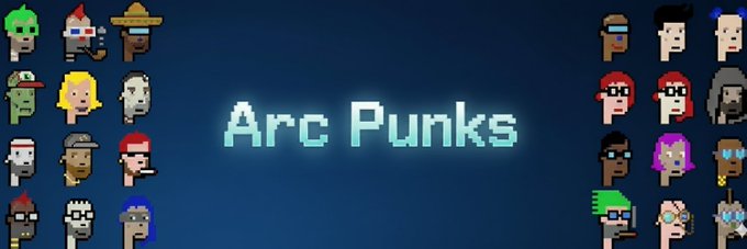 A banner with "Arc Punks" in pixelated cyan text on a dark blue background, flanked by rows of small pixel-art character portraits on the sides.