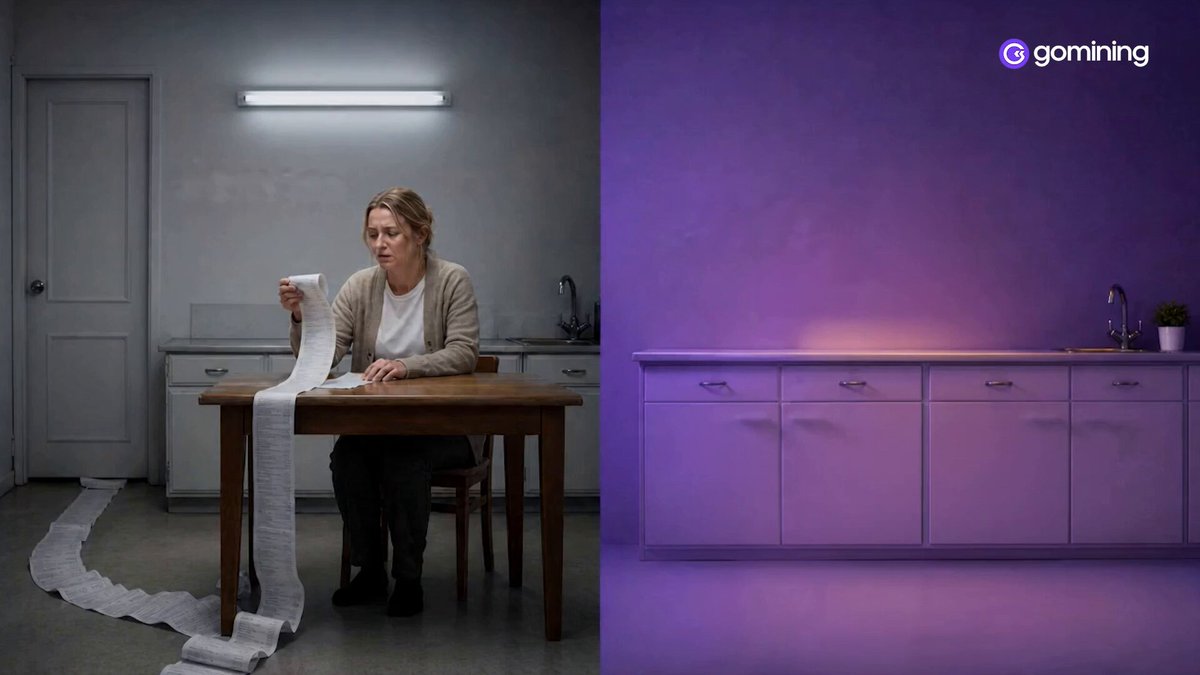 The image shows a woman sitting at a dining table with a piece of paper or receipt next to her. The background features a kitchen area with purple walls and a sink. There are two descriptions provided, one stating that "Mining at home means the electricity bill is yours" while another says "With a Digital Miner, it isn'n". These descriptions seem unrelated to each other but are placed close together in the image.