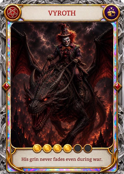 A fantasy trading card titled 'VYROTH' depicting a grinning clown riding a black dragon, with five stars and the description 'His grin never fades even during war.'