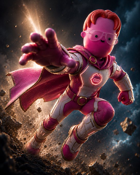 A pink, stylized superhero figure resembling a gummy candy character with glasses, a cape, and a glowing chest emblem, reaching forward against a cosmic background.