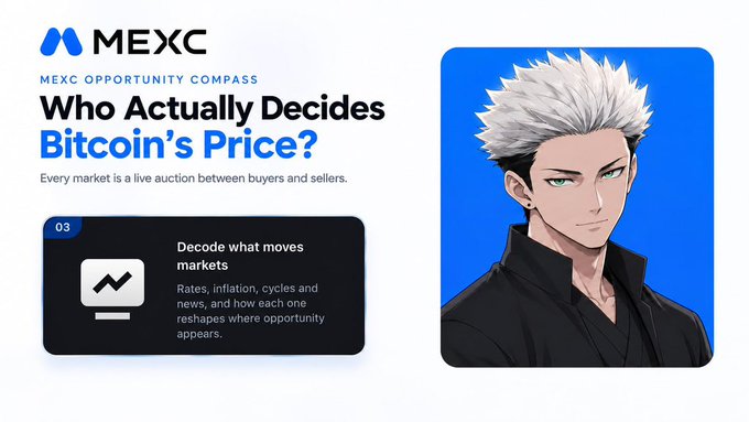 A MEXC advertisement titled "MEXC OPPORTUNITY COMPASS: Who Actually Decides Bitcoin's Price?" featuring an anime-style character with spiky white hair on a blue background, with text explaining markets as live auctions and a section on decoding what moves markets.